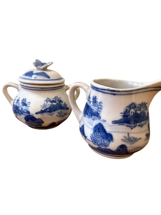 vintage Other - Vintage Canton Chinoiserie Cream & Sugar Set with Butterfly Lid – Blue and White